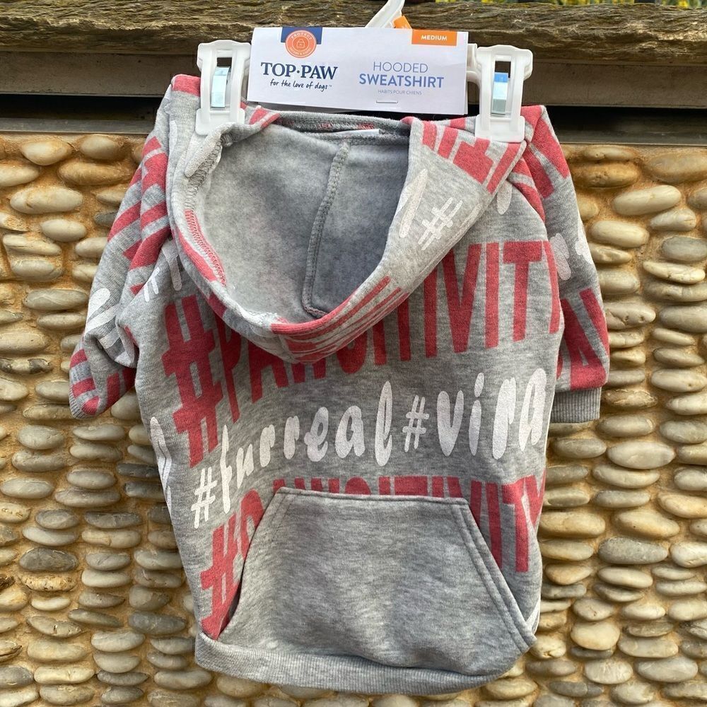 Top Paw Gray/Pink/White Graphic Hoodie Sweatshirt for Dogs. Size Medium. NWT!